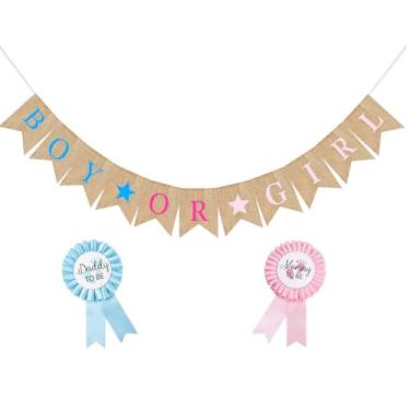 Imagem de Kit de festa de revelação de gênero - Banner e 2 peças Broche de crachá de folha de flandres para papai e mamãe, tema de menino ou menina, perfeito para festas de revelação de gênero, chás de bebê e