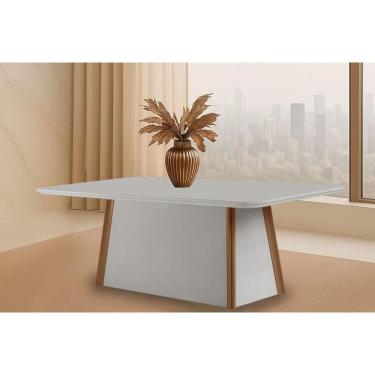 Imagem de Mesa de Sala Jantar Tília c/ Tampo Madeirado c/ Vidro Canto Curvo 180X90cm Off White/Naturale/Off White - Rufato