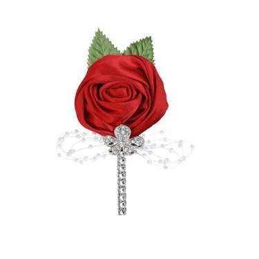 Imagem de Broche de noiva de cetim flor rosa para mulheres homens tecido folha pérolas strass flor artificial padrinhos noivo vestido de festa de casamento terno buquê corsage broches alfinetes joias delicadas