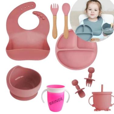 Imagem de Kit Alimentar Bebê Prato Babador Copo Silicone Ventosa 8 Pçs + Brinde 