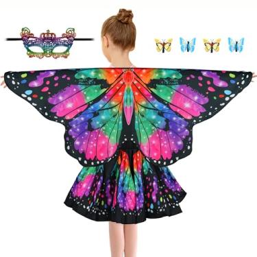 Imagem de Sunlisky Butterfly Costume for Girls Fairy Wings Kids 4 Pcs(Cape,Skirts,Masks,Hair Clips) Butterfly Wings for Halloween Gifts (Red+Green+Purple Set)