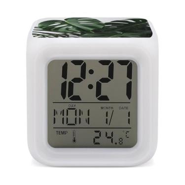 Imagem de RTFGHJS Despertador Monstera Folhas Coloridas Despertador Pequeno Display LED Despertador Digital Relógio Compacto Relógio Eletrônico para Quartos Cabeceira Mesa Prateleira Tamanho Único
