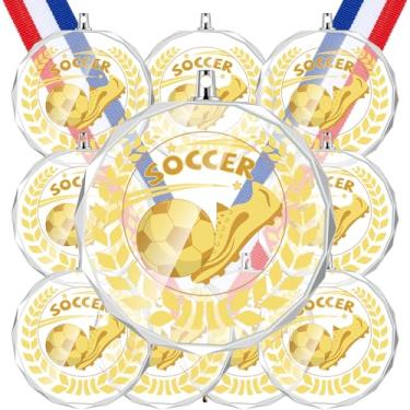 Imagem de Loetere Pacote com 12 medalhas acrílicas de prêmio de futebol com fitas, troféus de participação esportiva de 5 cm, prêmio de equipe de acrílico para jogos de futebol, competições de lembrancinhas de