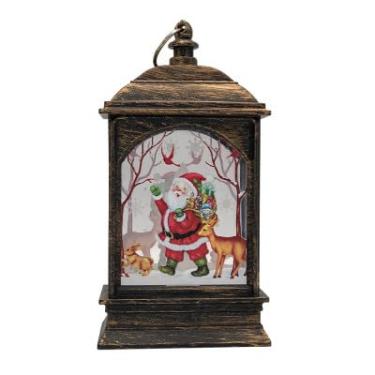 Imagem de Lanterna Decorativa de Natal Rústica, Estilo Vintage com Papai Noel e Rena, Iluminação LED, 25 cm