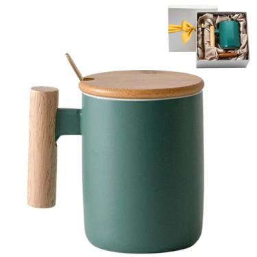 Imagem de Bambooware Caixa de presente de caneca de café com cabo de madeira - Utensílios de cerâmica com tampa de bambu e colher de mexer, embalado para presente, presentes de agradecimento, 400 ml,