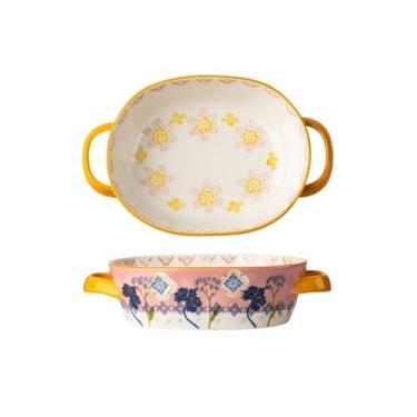 Imagem de Assadeira Utensílios de mesa criativos em cerâmica, cor underglaze, resistente a altas temperaturas, assadeira, prato de jantar, orelha dupla, prato de sopa, frutas, uso doméstico Assadeiras(Pink)