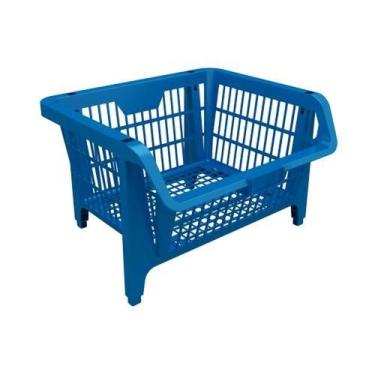 Imagem de Cesto Plástico Empilhável 43x37cm Azul - Organizador de Estoque e Ferr