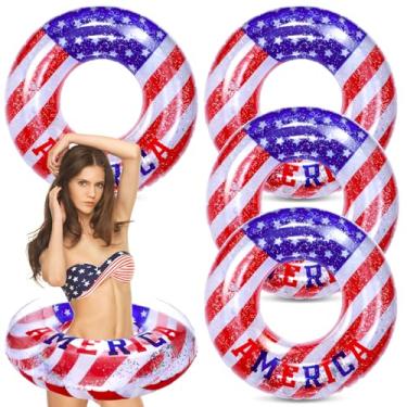 Imagem de 4 peças de brinquedos infláveis para piscina dos EUA, 89 cm, vermelho, branco e azul, anéis de natação patrióticos com estrelas prateadas brilhantes, confetes, praia, boia de natação, espreguiçadeiras