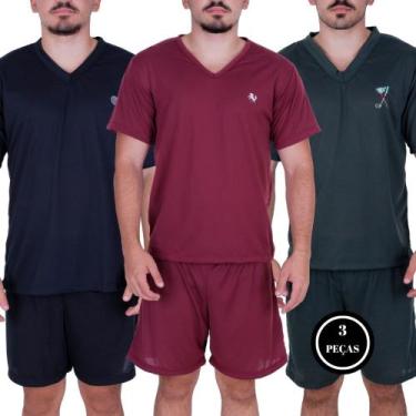 Imagem de Kit 3 Pijama Masculino Manga e Short Curto Verão - c9 KIT 3 DAVI PRETO