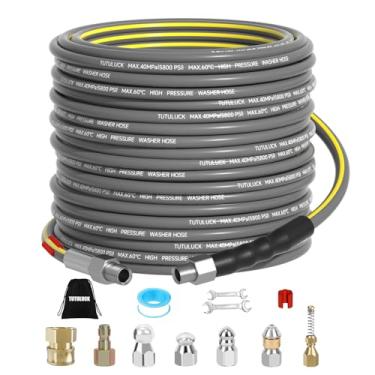 Imagem de TUTULUCK Kit de jateador de esgoto para lavadora de alta pressão, mangueira de limpeza de dreno 5800PSI canto NPT de 1/4 polegada com ferramenta de limpeza de esgoto, bocal de alta pressão e chave