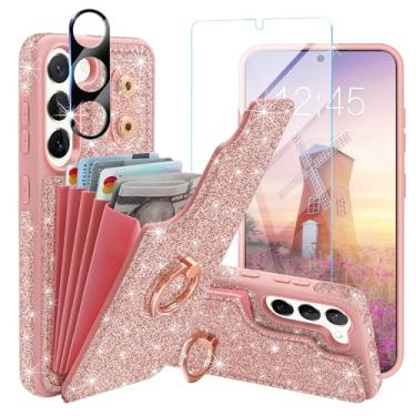 Imagem de Casewind Capa para Samsung Galaxy S24 Plus, capa carteira com glitter com [protetor de tela + protetor de lente de câmera] Suporte de anel de rotação de 360° com 5 cartões, capa de couro à prova de