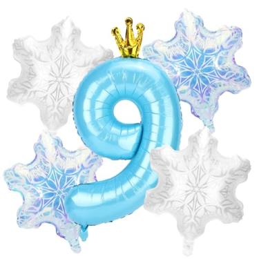 Imagem de 5un Decorações Neve Balões Festa Aniversário, Número Azul e 4un Decorações e Lembrancinhas Balões Floco Neve para Festas Aniversário Tema Princesa Azul País Das Maravilhas Inverno(Número 9)
