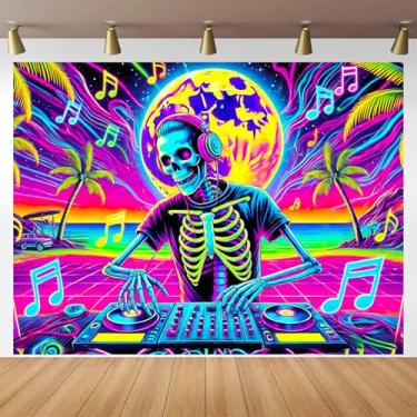 Imagem de BlissYard Tapeçaria de luz negra decoração de esqueleto de DJ 198 x 159 cm neon música festa que brilha no fundo escuro tapeçaria luz negra cena de praia psicodélica para quarto pendurar na parede