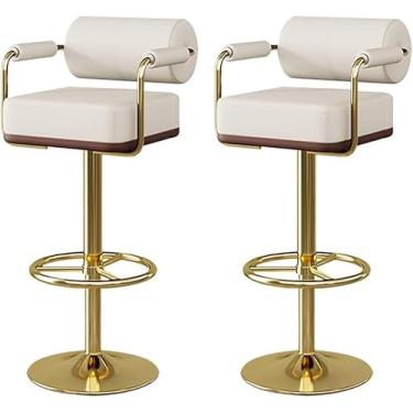 Imagem de Conjunto De 2 Bancos De Bar Com Encosto E Apoio Para Os Pés, Cadeira De Bar De Couro Falso Ajustável Giratório, Bancos De Bar De Altura De Balcão Para Jantar Na Ilha Da Cozinha, Orange, Gold feet