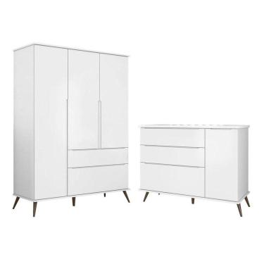 Imagem de Jogo De Quarto Infantil Guarda Roupa 3 Portas E Cômoda 1 Porta 3 Gavetas 100% Mdf P04 Mel Branco