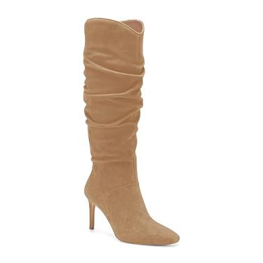 Imagem de Coutgo Botas femininas de cano alto de camurça sintética bico amêndoa salto alto stiletto bota lateral com zíper lateral, Cáqui escuro, 7.5