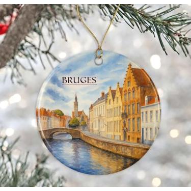 Imagem de Enfeite de aquarela Bruges Bélgica - Lembrança de Natal de cerâmica - Aniversário de lua de mel - Lembrança de viagem - Presente de inauguração de casa - Presente para amante de Bruges impresso em