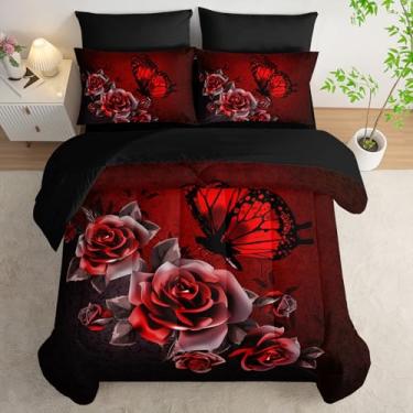 Imagem de AILONEN Conjunto de edredom solteiro com borboleta floral, vermelho e preto, 7 peças, edredom retrô de microfibra macia, lençol de cima, 2 fronhas, 2 fronhas para quarto