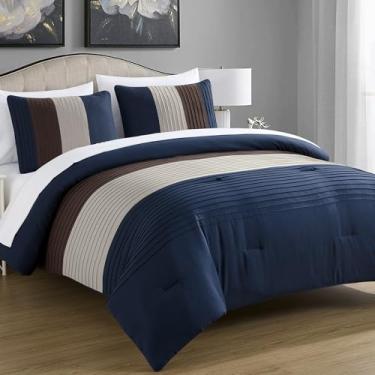 Imagem de Chezmoi Collection Briar Cama Queen em uma bolsa de 7 peças – Conjunto de edredom leve de microfibra para todas as estações – inclui lençóis e fronhas – Design listrado plissado azul meia-noite/marrom