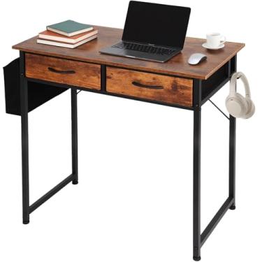 Imagem de Mesa de escritório pequena de 80 cm com 2 gavetas de tecido, mesa de computador com gavetas, bolso e gancho, mesa de estudo para pequenos espaços, quarto, sala de estar, marrom