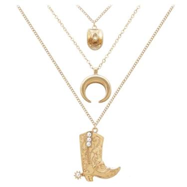 Imagem de RechicGu Colar feminino boho caubói em camadas para mulheres cabeça de touro lua crescente cowboy bota pingente pingente colar ocidental joias para concertos country roupas, Zinco, Sem Pedra Preciosa