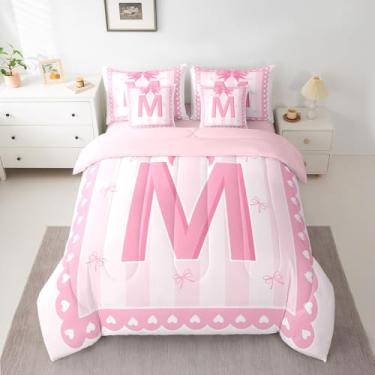 Imagem de jejeloiu Conjunto de edredom infantil com laço rosa, tamanho casal, conjunto de cama de 7 peças, letra M, com nó de borboleta para todas as estações, decoração de quarto