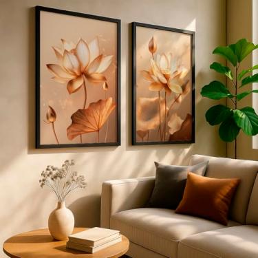 Imagem de Kit 2 Quadros Decorativos Flor De Lótus Dourada Elegante Natureza Zen Quarto Sala Relaxante Com Moldura