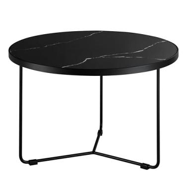 Imagem de BlvdEi8ht Mesa de centro Gemini – topo redondo moderno de porcelana com base de metal revestido em pó preto – mesa de destaque de meados do século para sala de estar, preta, pequena (56 cm x 38,7 cm)