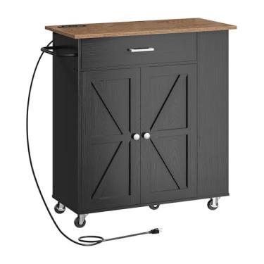 Imagem de CHOEZON Carrinho de ilha de cozinha com armazenamento, carrinho de cozinha com estação de carregamento, ilha de cozinha sobre rodas, mesa móvel móvel de ilha de cozinha com armário, 3 tomadas AC