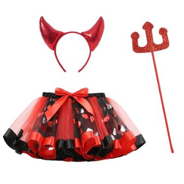 Imagem de Happy Cherry Conjunto de saia tutu de bruxa para meninas com faixa de cabelo e varinha, 3 peças, roupas de Halloween 3-8 anos, Vermelho 1, 4-6 Anos