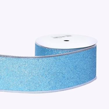 Imagem de YAMA Fita de glitter azul com fio para árvore de Natal 6,3 cm x 10 metros, fita metálica brilhante de Natal com fio para embrulho de presente, festa de casamento, laços de artesanato DIY e buquê de