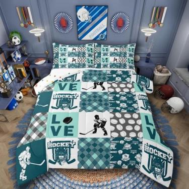 Imagem de Jogo de cama solteiro esportivo com bola de hóquei no gelo, temática de hóquei, jogos de hóquei, futebol europeu, bola e leque, azul-petróleo