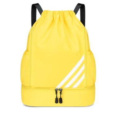 Imagem de Mochila Esportiva com Cordão Espaçosa Bolsa 4 Bolsos Ideal para Esportes Chuteira Bolas Academia Material Impermeável Separação Roupas Secas e Molhadas Unissex (Amarela)