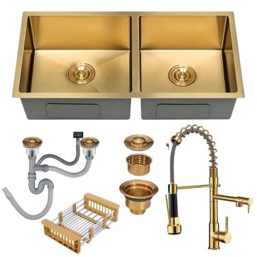 Imagem de Cuba Dupla Inox Dourada Inox 75X41 + Torneira Monocomando