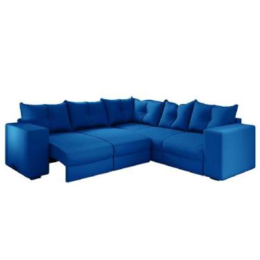 Imagem de Sofá de Canto Retrátil 5 Lugares Veludo New Qatar Selmer - EXATA, Azul