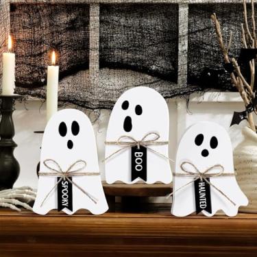 Imagem de Decoração de mesa de madeira de fantasma fofo de Halloween, placas de mesa de Halloween fantasma branco com laços de corda de juta e etiquetas pretas com letras de madeira, bandeja de férias em