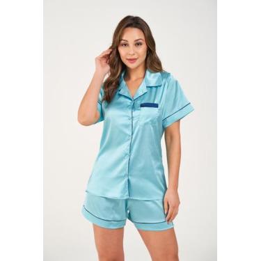 Imagem de Pijama Feminino Toque De Seda Americano Paris - Praqnome, G, Verde águ