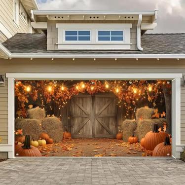 Imagem de HOMETITUTE Faixa de porta de garagem de outono, 4 x 1,8 m, porta de celeiro de outono, abóboras, fardos de feno, banners de pano de fundo para cobertura externa de porta de outono, cobertura de parede