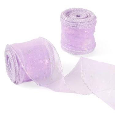 Imagem de KISSITTY Fita de tule de 20 metros com padrão de estrela roxa 5 cm de largura, fitas decorativas de poliéster para festa de Natal, guirlandas de casamento, laços, decoração de embrulho de presente