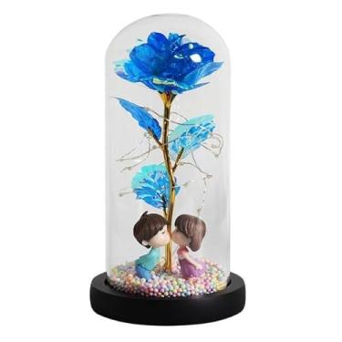 Imagem de Rosa encantada A Bela e a Fera em cúpula de vidro com base de madeira, luz LED de 6 cores, presente de Dia dos Namorados