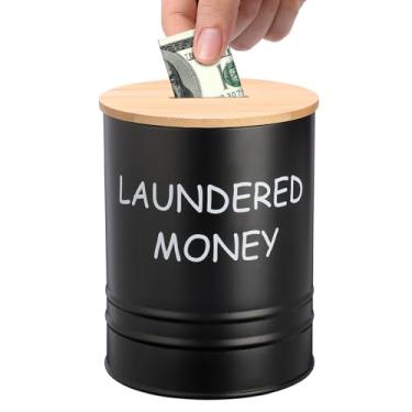 Imagem de Hoowen Pote de cofre de lavanderia com compartimento para dinheiro e tampa de madeira, decoração rústica de lavanderia de fazenda fofa, cofrinho engraçado, potes de ferro galvanizado resistentes para