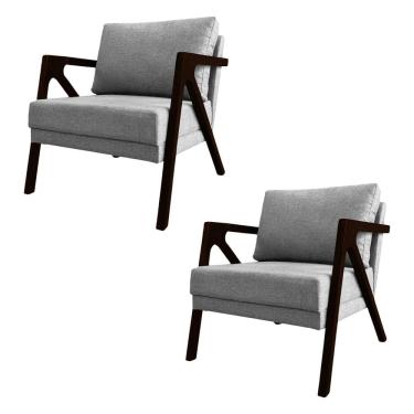 Imagem de Kit 2 Poltronas Mona Monique Luxo Base Madeira Maciça Castanho Linho Cinza