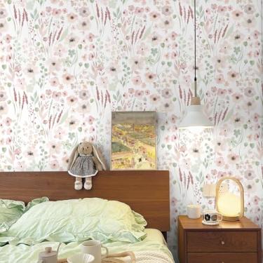 Imagem de Yasinet Papel de parede floral rosa boho papel de parede rosa e branco de contato para quarto de meninas papel de parede removível para armários vinil autoadesivo 44 x 299 cm