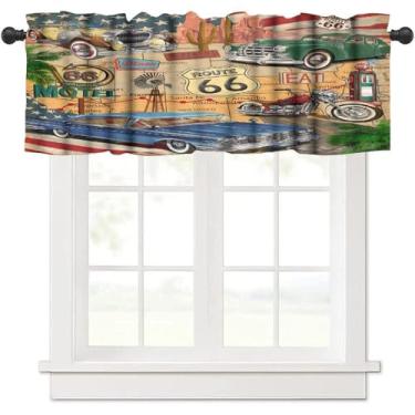 Imagem de XBDDZSW Cortina de saia de carro vintage, estilo retrô, pôster de garagem, rota 66, estampa artística com tema de carro clássico antigo, tratamentos de janela pequena para cozinha, sala de estar