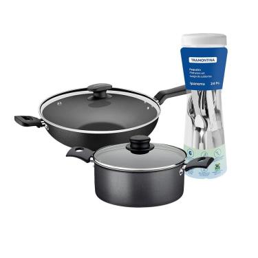 Imagem de Caçarola Turim Alumínio grafite Antiaderente 2,8l + Faqueiro Ipanema Branco 24pc + Wok...