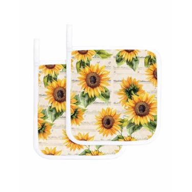 Imagem de Porta-panelas para cozinha, retrô, aquarela, folhas de girassol, conjunto de 2 pegadores de panela, à prova de calor, antiderrapante, para forno, isolamento de panela, almofada quente com laço floral