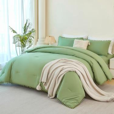 Imagem de PERFEMET Conjunto de cama de casal verde com franjas e pompom, 5 peças, para meninas e crianças, macio, leve para todas as estações (verde, casal)