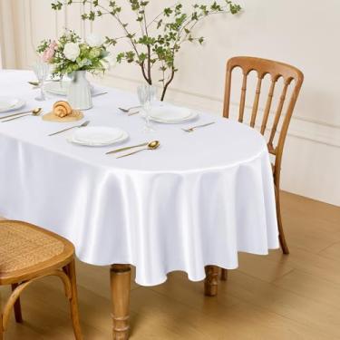 Imagem de Entisn Toalha de mesa oval 152 x 300 cm, feita de tecido de cetim branco, adequada para 10 a 12 lugares, resistente a rugas e design fácil de limpar, decoração de mesa para casamento, banquete