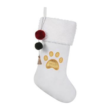 Imagem de Pxniy Meia de Natal de veludo branco personalizada de 49,5 cm com iniciais bordadas - meias para lareira, decoração de festa de Natal em família, pata