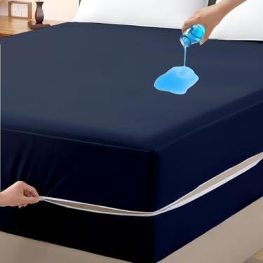Imagem de Protetor de colchão California King Size 100% impermeável, capa com zíper, 38 cm de profundidade, revestimento de colchão de seis lados para cama, estilo de fecho de zíper (azul marinho)